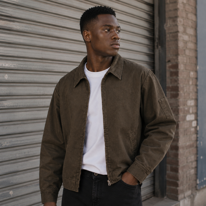 Green OCC jacket worn outdoors