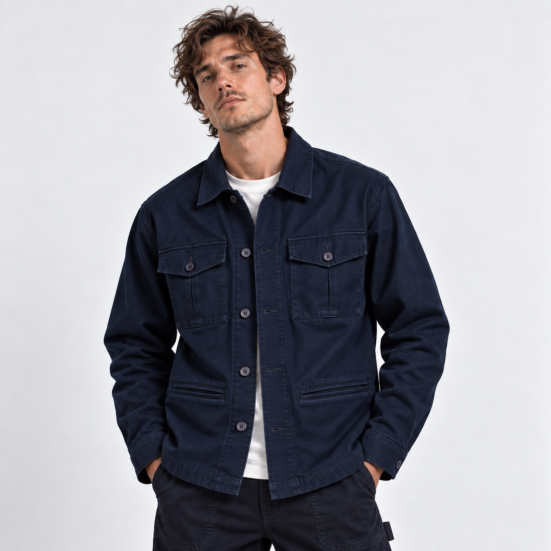 Utility Shacket in Navy, front view