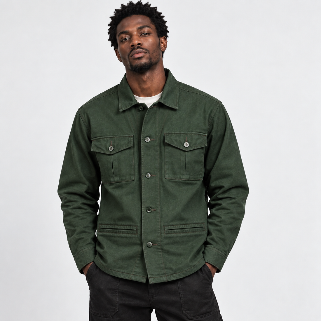 Utility Shacket in Olive, front view