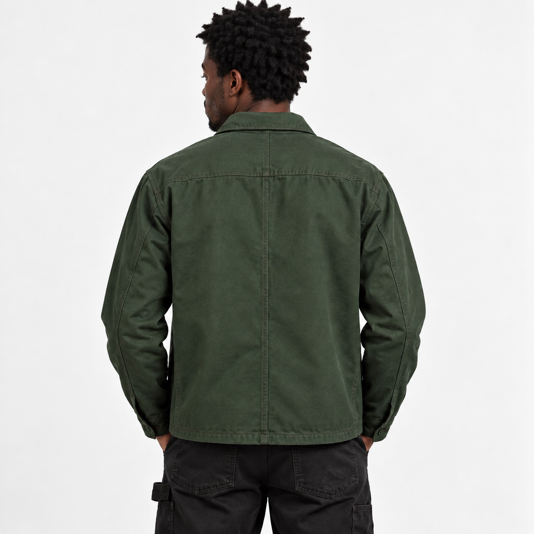 Utility Shacket in Olive, back view