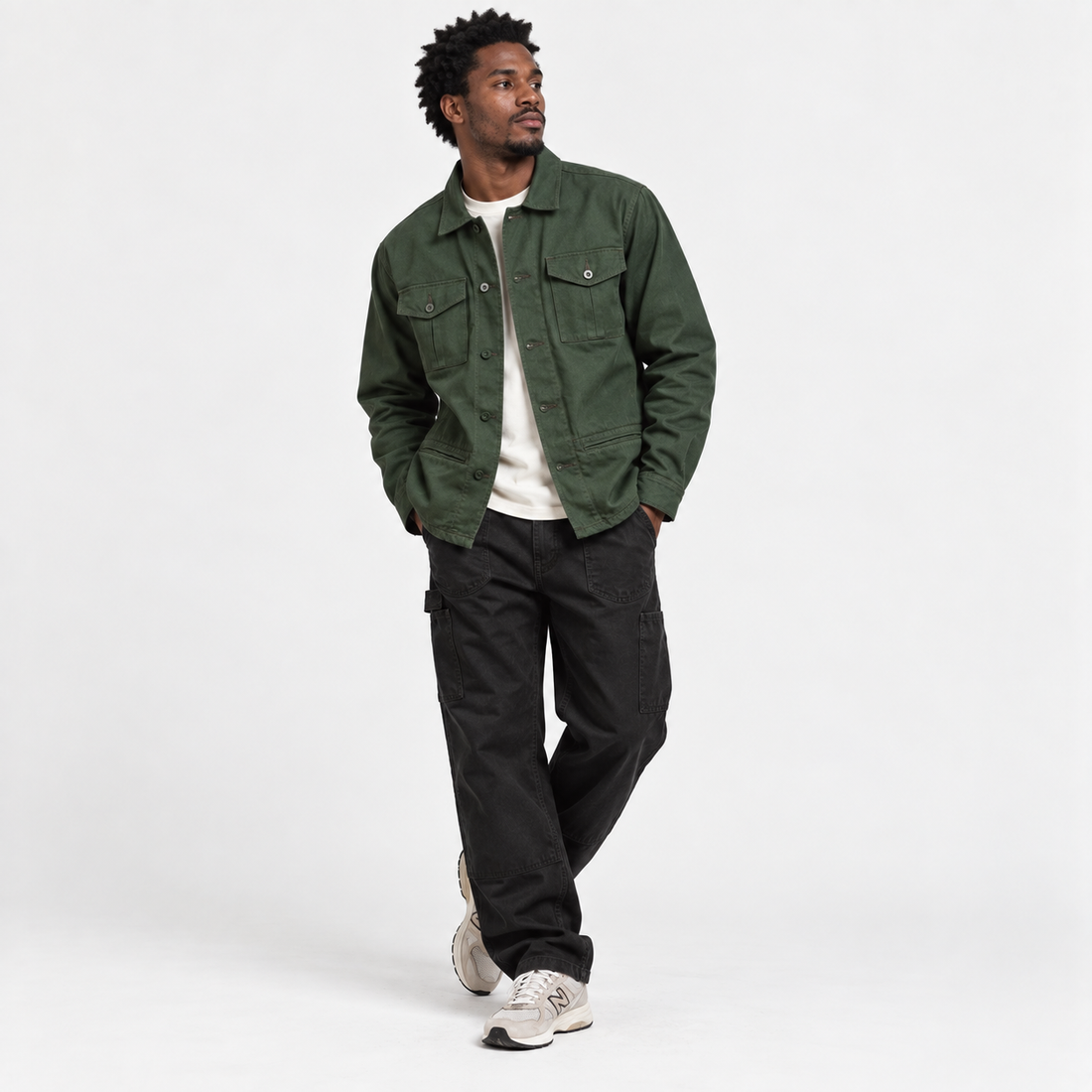Utility Shacket in Olive, full length view