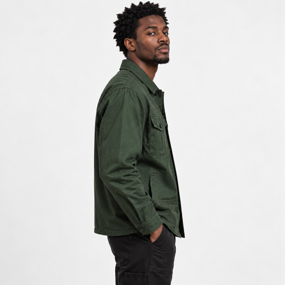 Utility Shacket in Olive, side view