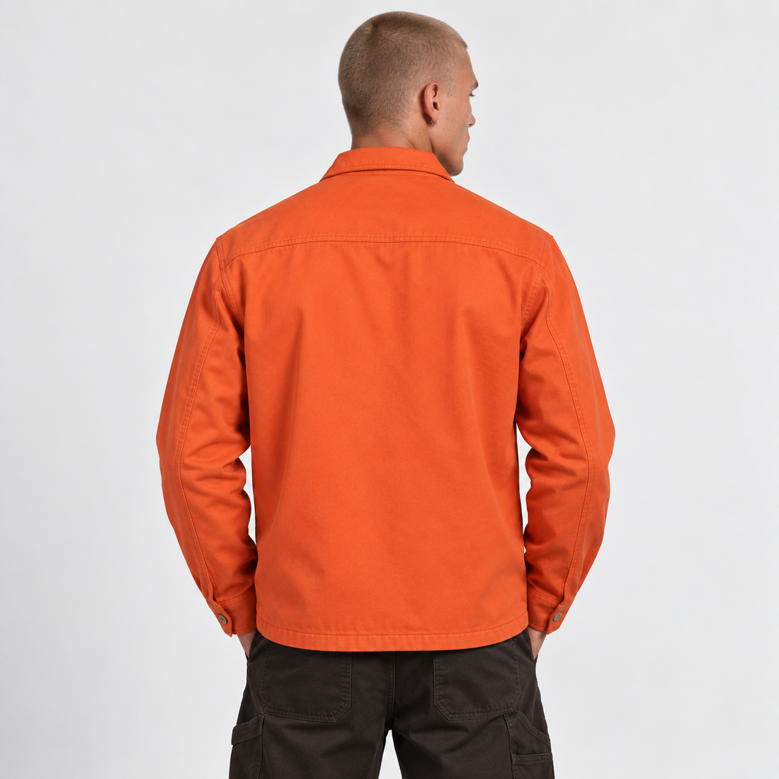 Utility Shacket in Orange, back view