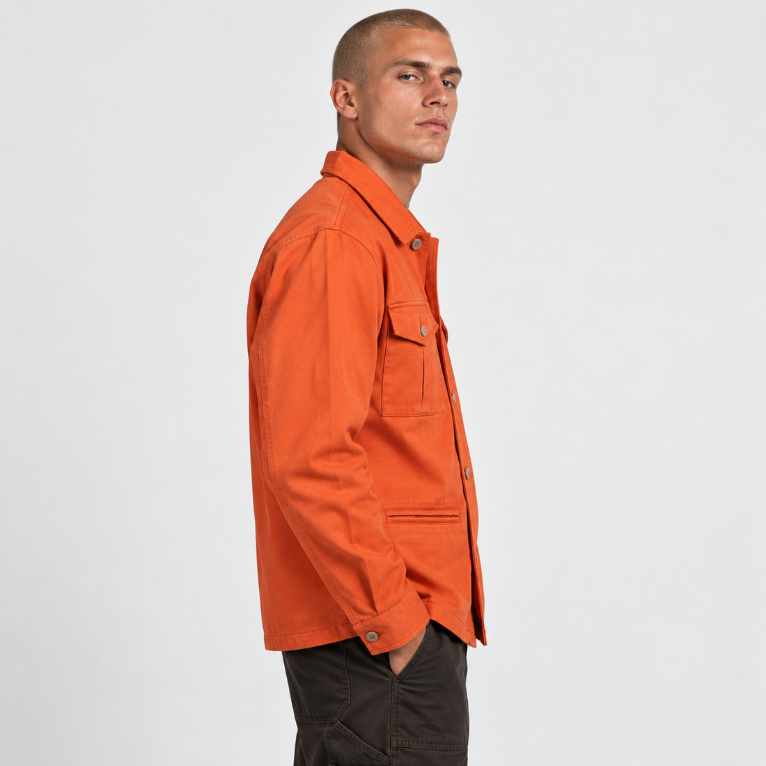 Utility Shacket in Orange, side view