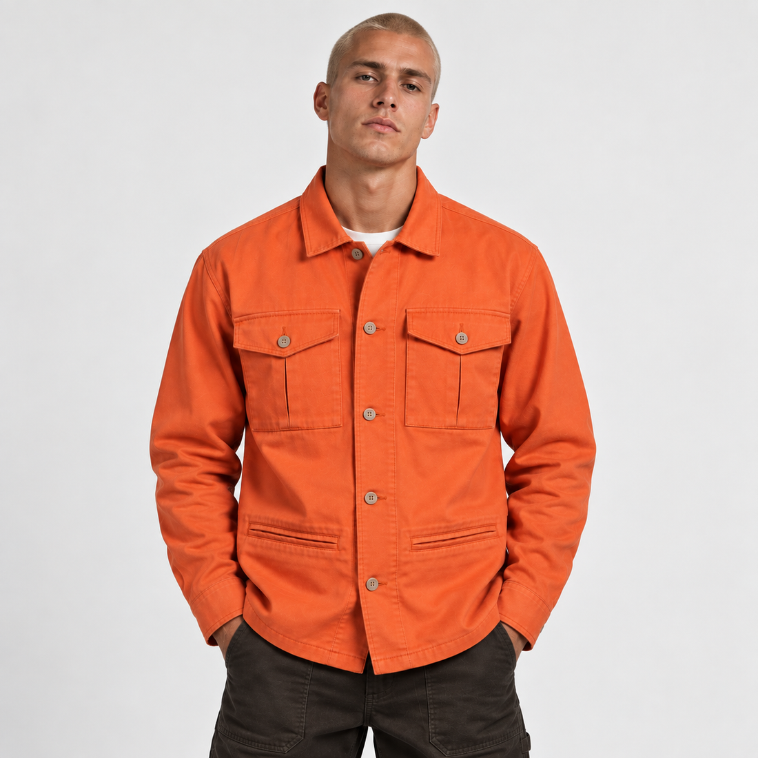 Utility Shacket in Orange, front view